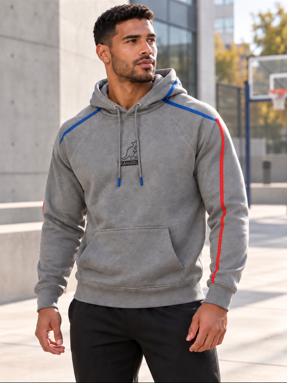 Kangol Gray Hoodie with Blue Shoulder Trim and Red Sleeve Stripes🤠L